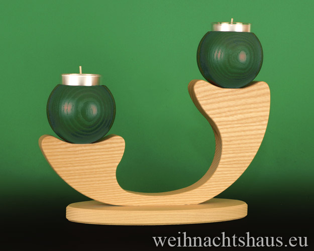 Seiffen Weihnachtshaus - Leuchter 2 flammig ohne Figuren leer Teelichte  grün - Bild 1