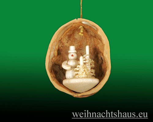 Seiffen Weihnachtshaus - Baumbehang  Miniatur in der Nußschale Schneemann - Bild 1