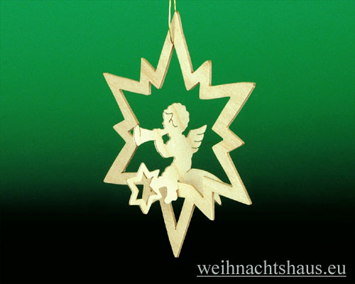 Seiffen Weihnachtshaus - Laubsägebehang räumlich Stern mit Engel Trompete - Bild 1