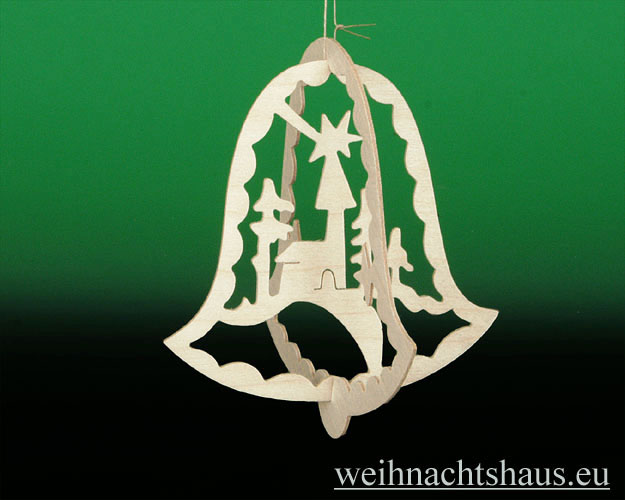 Seiffen Weihnachtshaus - Laubsägebaumbehang  Glöckchen räumlich mit Kirche - Bild 1