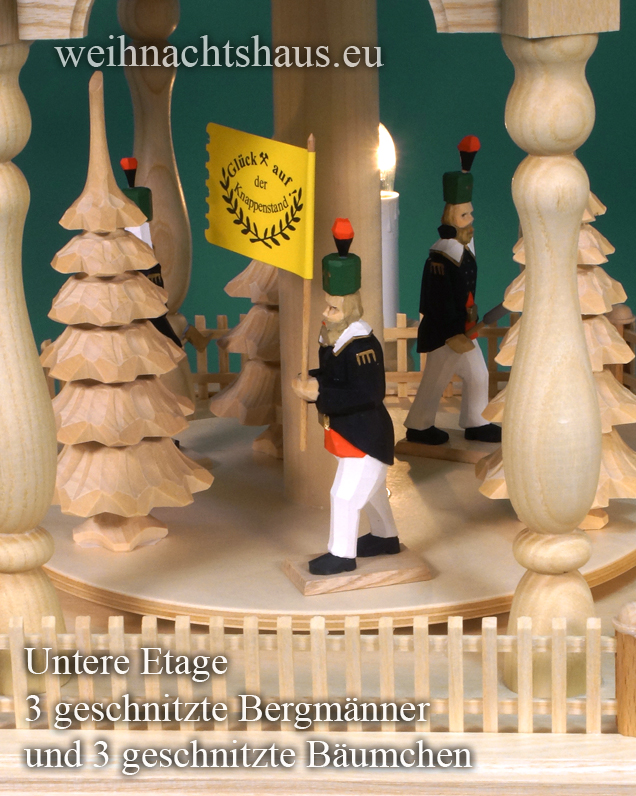 Weihnachtspyramide Bergmann Bergmannpyramide geschnitzt geschnitzte Bergmänner elektrisch beleuchtet 4 Stock geschnitzter Bergmannfiguren