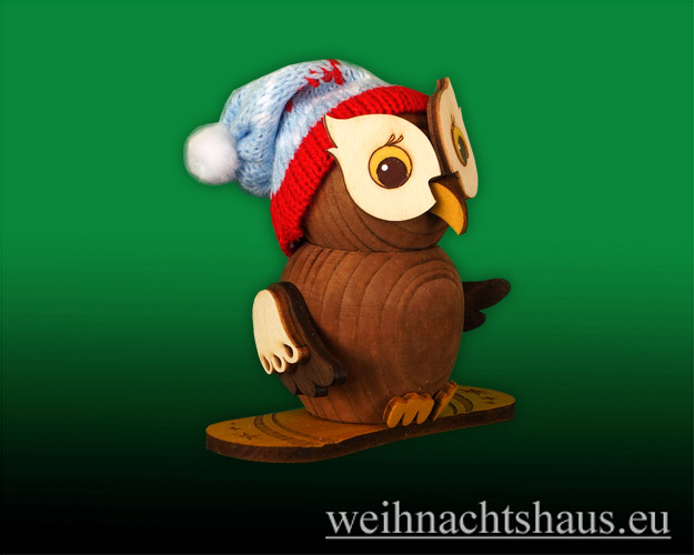 Seiffen Weihnachtshaus - Eule  klein  Eule mit Snowboard - Bild 1