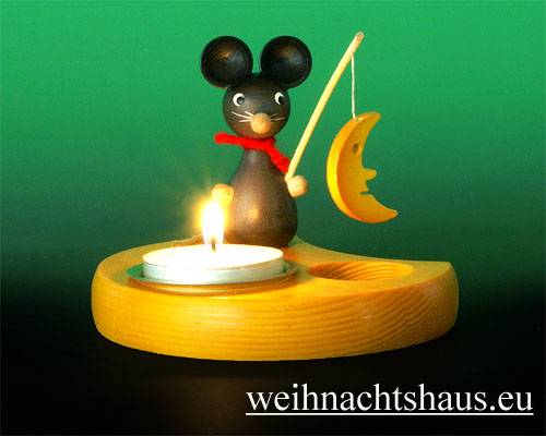 Kerzenhalter Kinder Teelicht Geschenk kaufen Kindergeschenk Teelichtleuchter Maus mit Mond aus Holz Weihnacht Erzgebirge