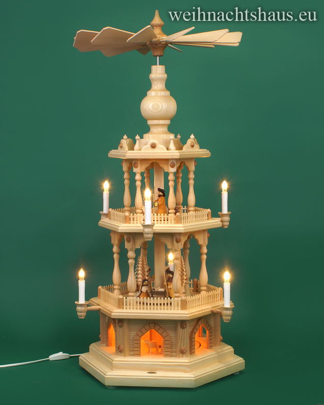 Seiffen Weihnachtshaus - Weihnachtspyramide  88 cm Pyramide mit elektrischer Beleuchtung  Seiffener Krippefiguren - Bild 1