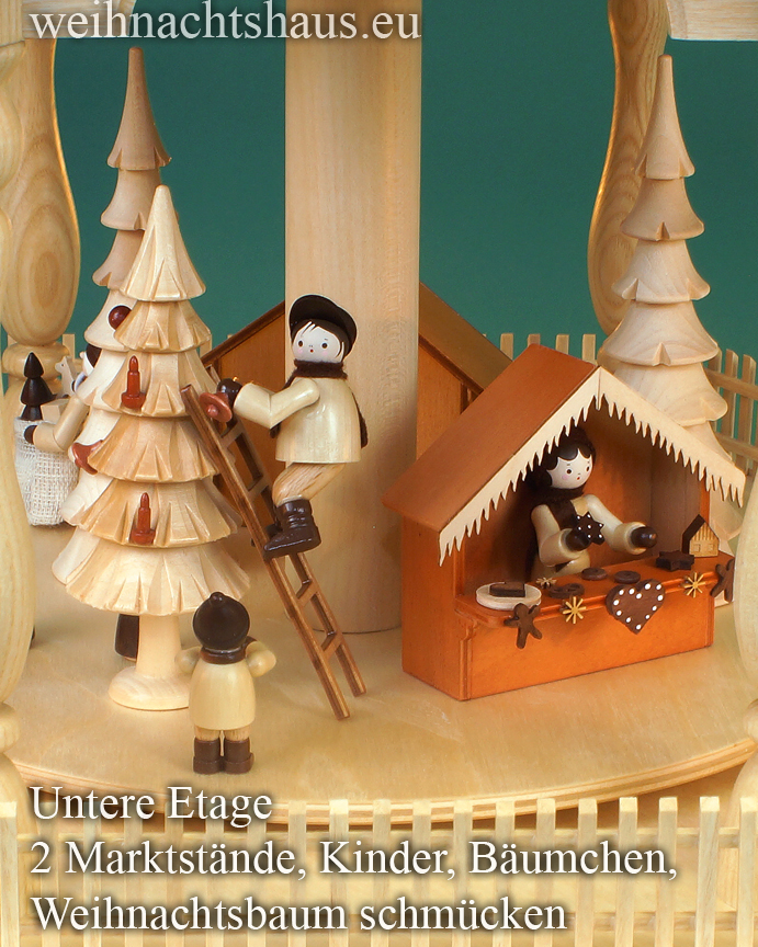 Seiffen Weihnachtshaus - Weihnachtspyramide 138 cm Pyramide mit Zaun 5 Stock mit Winter und Waldfiguren - Bild 3