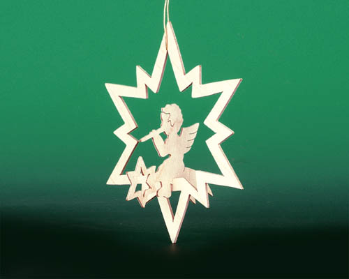 Seiffen Weihnachtshaus - Laubsägebehang natur räumlich Stern mit Engel-Flöte - Bild 1