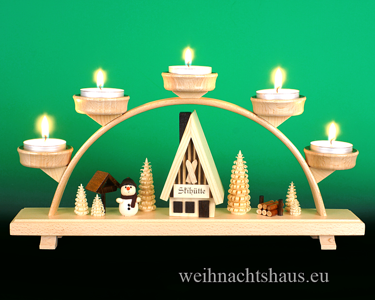 Schwibbogen für Kerzen Teelicht Lichterbogen traditionell Weihnacht Erzgebirge Winter Skihütte Schneemann