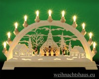 Seiffen Weihnachtshaus - Schwibbogen 16 Kerzen Seiffener Kirche mit Figuren 63 cm - Bild 1