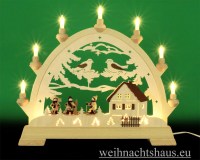 Seiffen Weihnachtshaus - Schwibbogen 10 Kerzen Winterhaus mit 3 Skifahrer - Bild 1