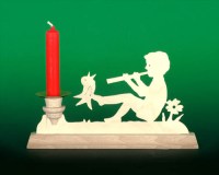 Seiffen Weihnachtshaus - Laubsägekerzenhalter Junge mit Flöte - Bild 1